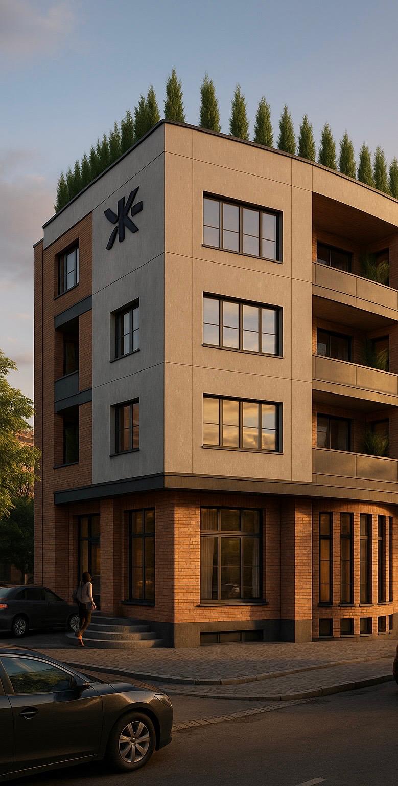 Clădire birouri – fațadă cu lumină caldă